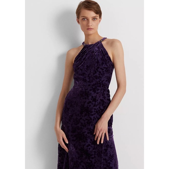 Ralph Lauren halter top floral velvet burnout design gown dress - Picture 4 of 13